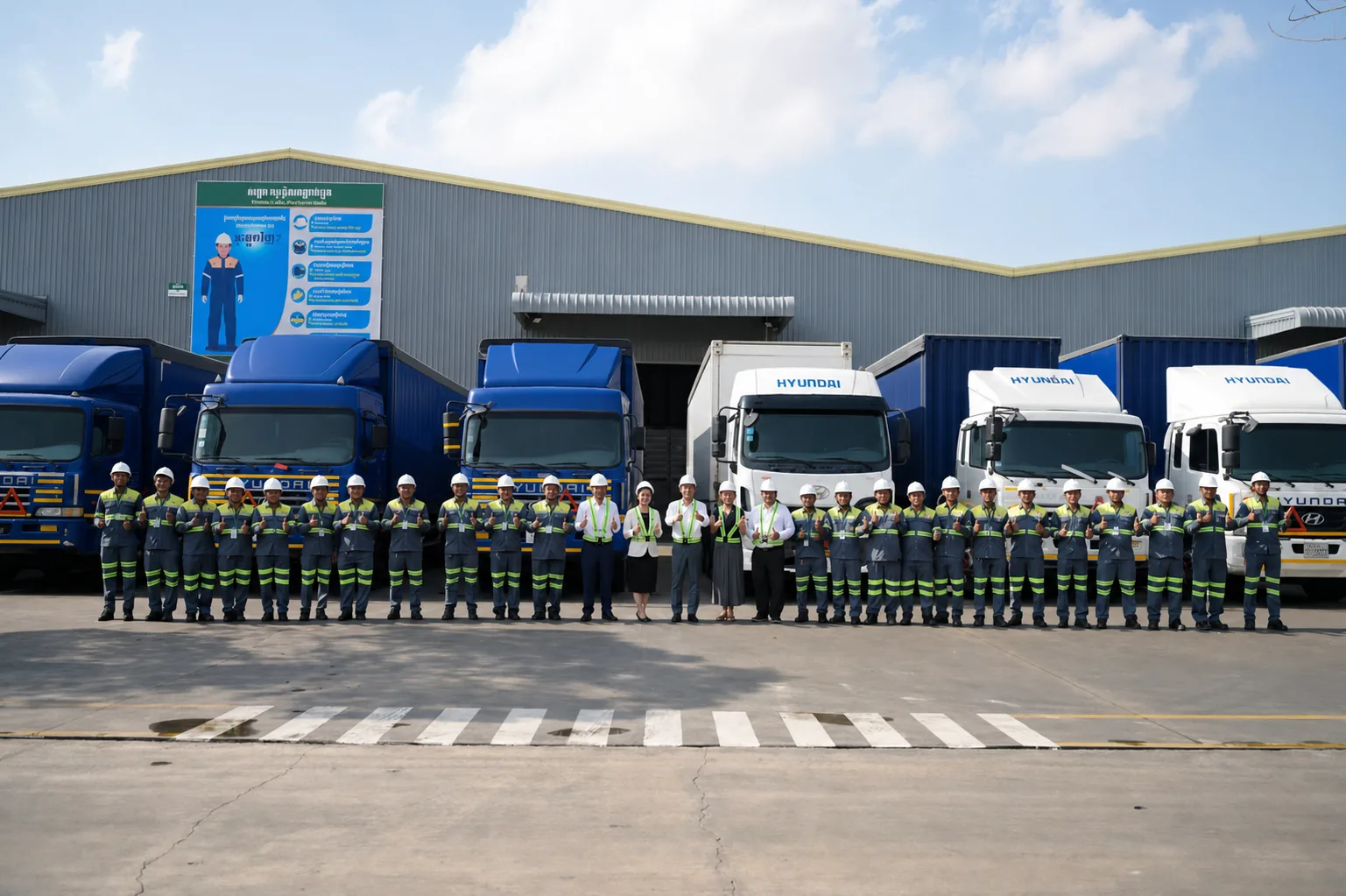 The Geolink operations team standing together in front of the company fleet