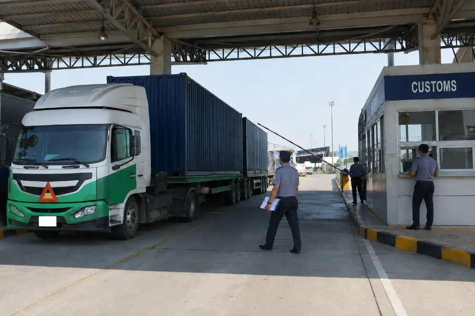 Container truck passing through a customs inspection checkpoint