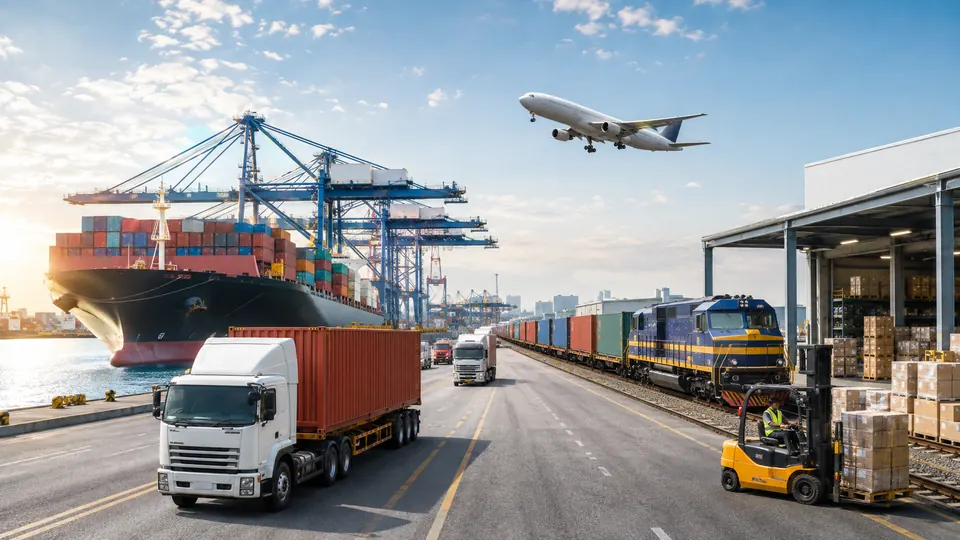Multimodal freight operations with ship, aircraft, rail, trucks and warehouse handling