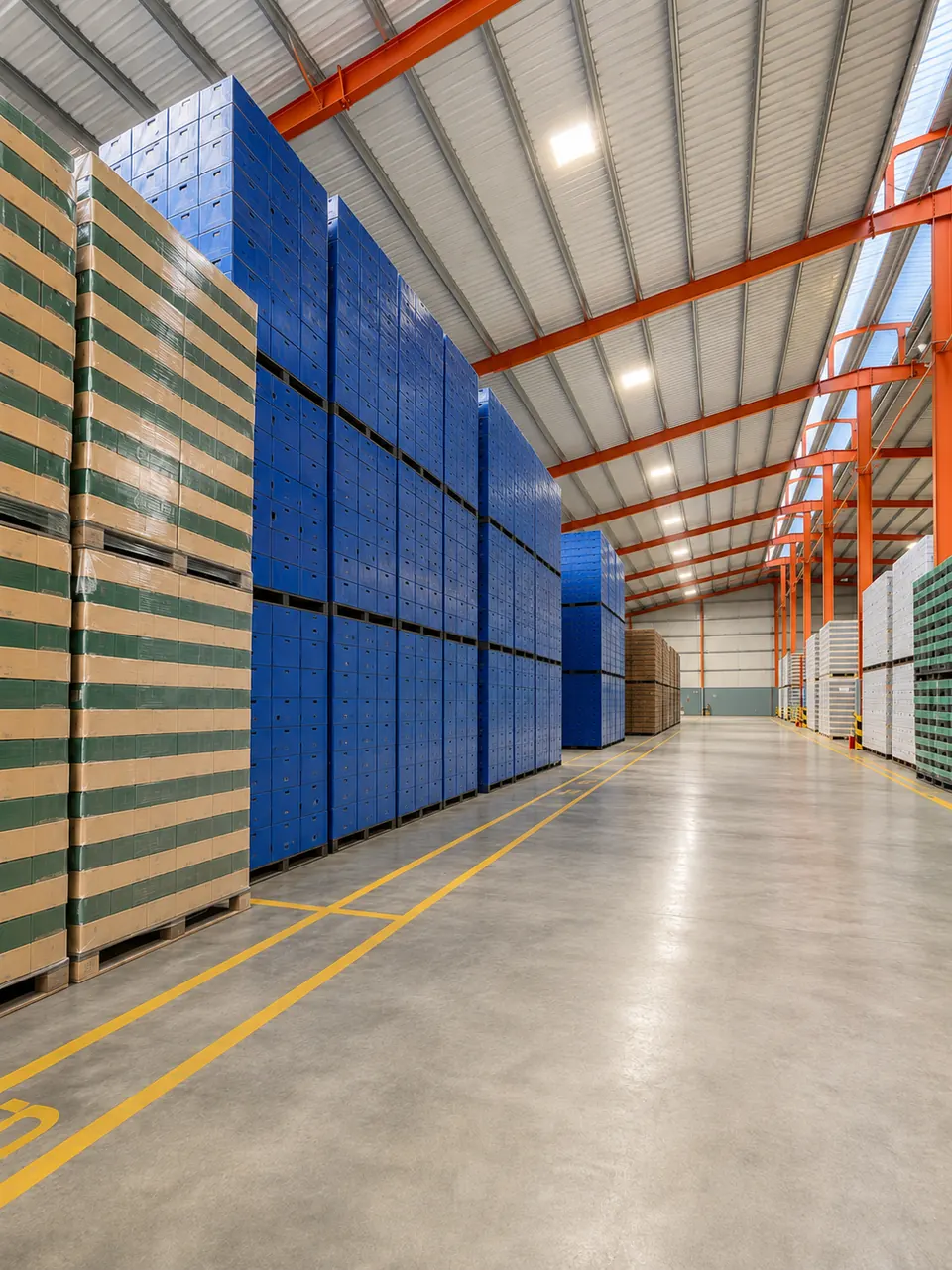 Warehouse aisle with stacked inventory pallets